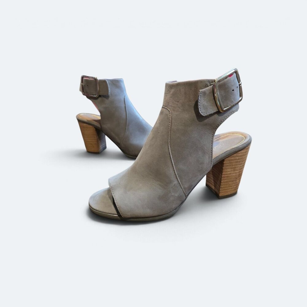 Vionic Blakely Gray Suede Open Toe Heeled Booties Sandals Comfort Size 7.5